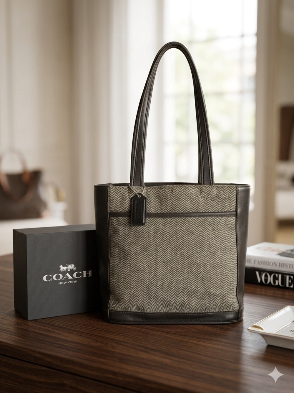 Rare Vintage Coach Bleecker Tweed & Black Leather Shoulder Bag Tote #6127